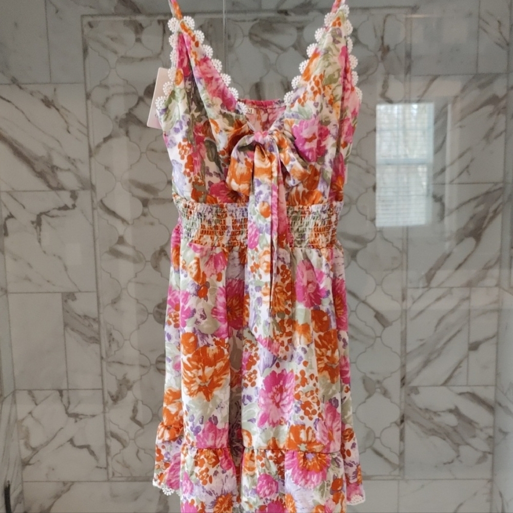 Vibrant Floral Lace-Trim Mini Dress